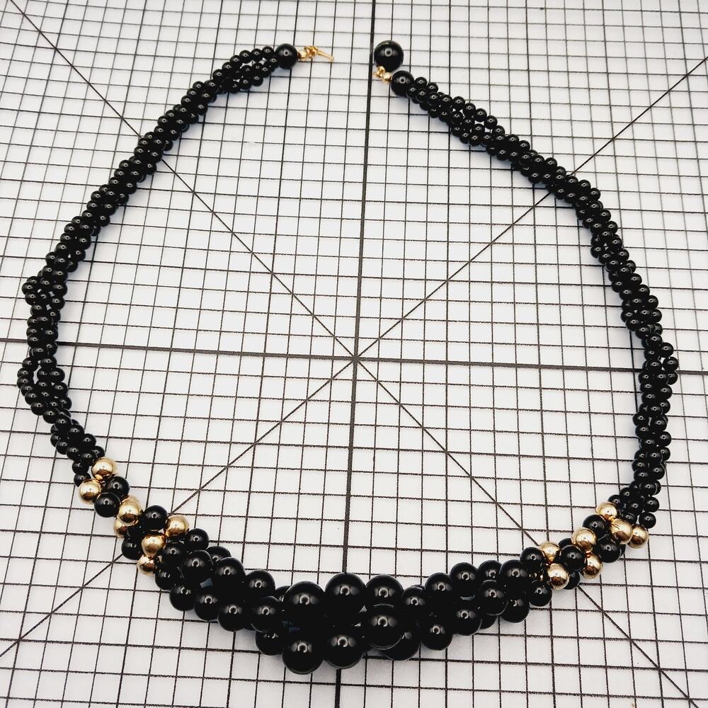 Necklace VTG Beaded Black Gold Cluster Bib Statement Retro Formal Cocktail 90s